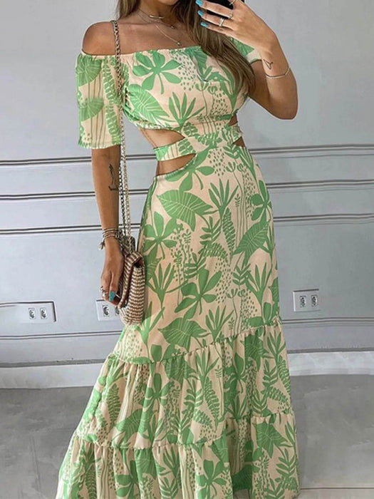 Full Size Cutout Off-Shoulder Printed Maxi Dress Plus Size - Byyde
