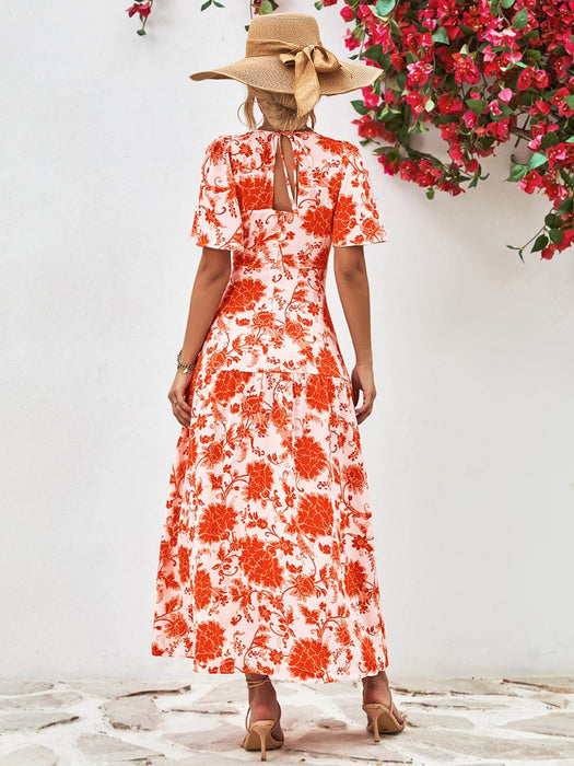 Floral Round Neck Tied Open Back Dress - Byyde