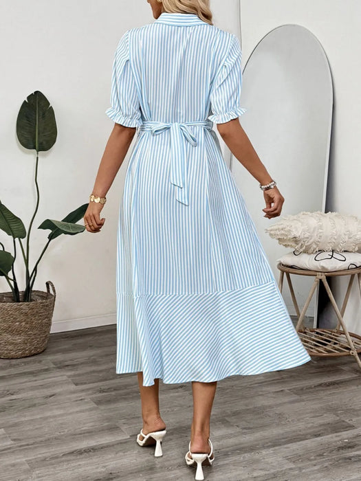 Striped Button-Down Midi Shirt Dress with Ruffle Sleeves - Byyde