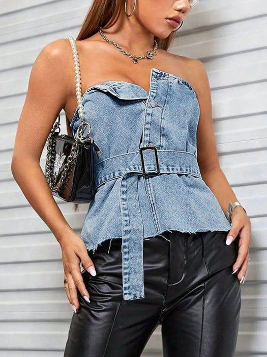 Frayed Hem Button Detail Tube Top - Byyde
