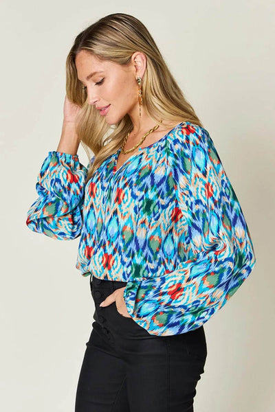 Double Take Full Size Printed Balloon Sleeve Blouse - Byyde
