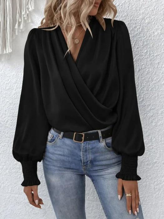 Surplice Smocked Lantern Sleeve Blouse - Byyde