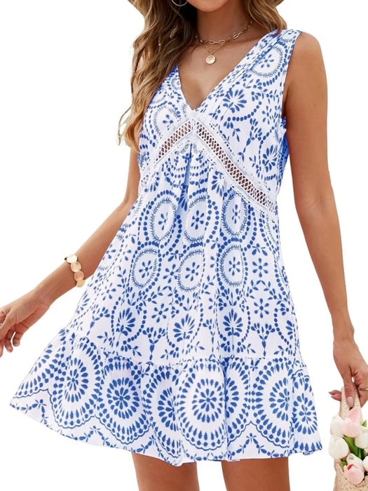 Printed V-Neck Sleeveless Mini Dress - Byyde