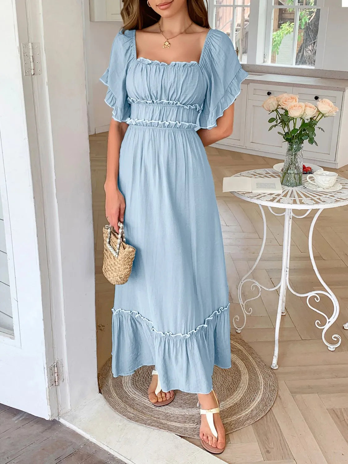 Square Neck Puff Sleeve Ruffle Trim Maxi Dress - Byyde