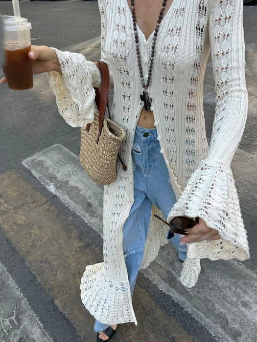 Ruffled Hem Openwork Longline Cardigan - Byyde