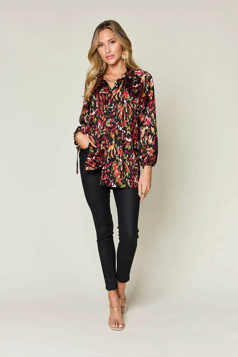 Double Take Full Size Printed Button Up Long Sleeve Shirt - Byyde