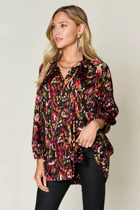 Double Take Full Size Printed Button Up Long Sleeve Shirt - Byyde