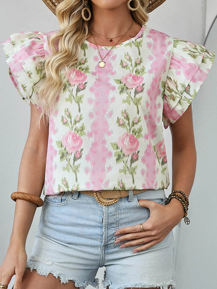 Floral Print Ruffled Sleeve Blouse - Byyde