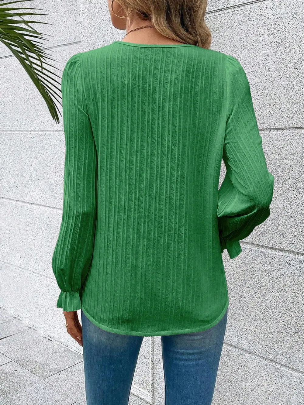 V-Neck Lace Detail Flounce Sleeve Blouse - Byyde