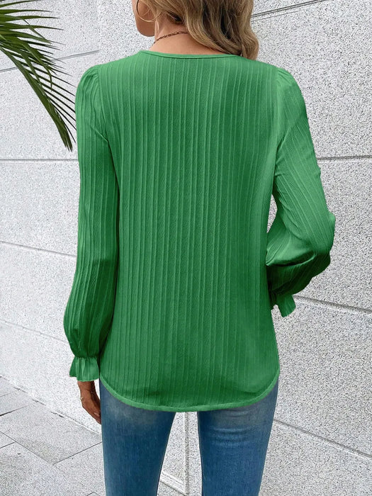 V-Neck Lace Detail Flounce Sleeve Blouse - Byyde