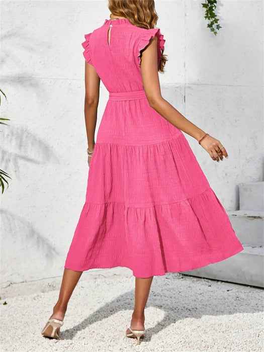 Frill Mock Neck Ruffled Cap Sleeve Midi Dress - Byyde