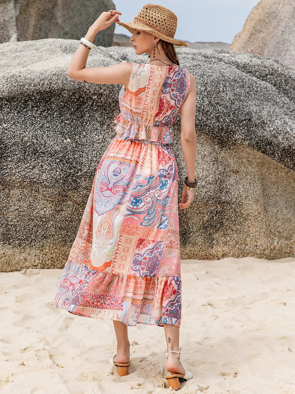 Printed V-Neck Top and Midi Skirt Set - Byyde