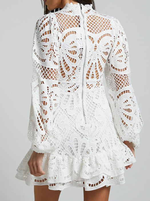 Lace Crochet Long Sleeve Mini Dress - Byyde