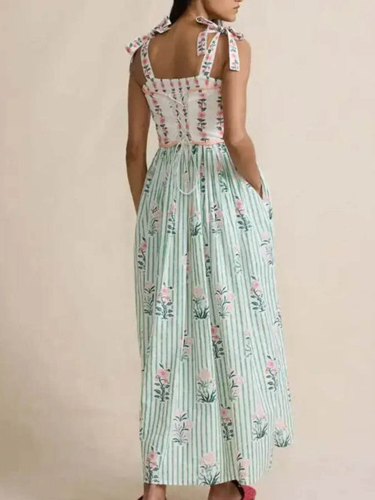 Floral Striped Maxi Cami Dress with Tie Straps - Byyde