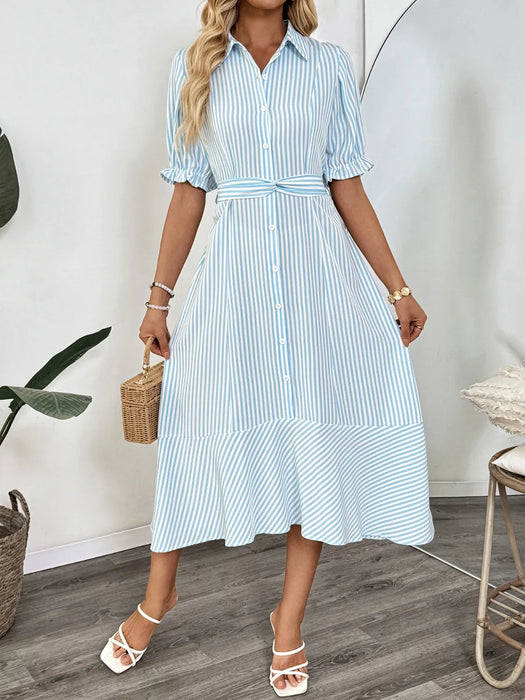 Striped Button-Down Midi Shirt Dress with Ruffle Sleeves - Byyde