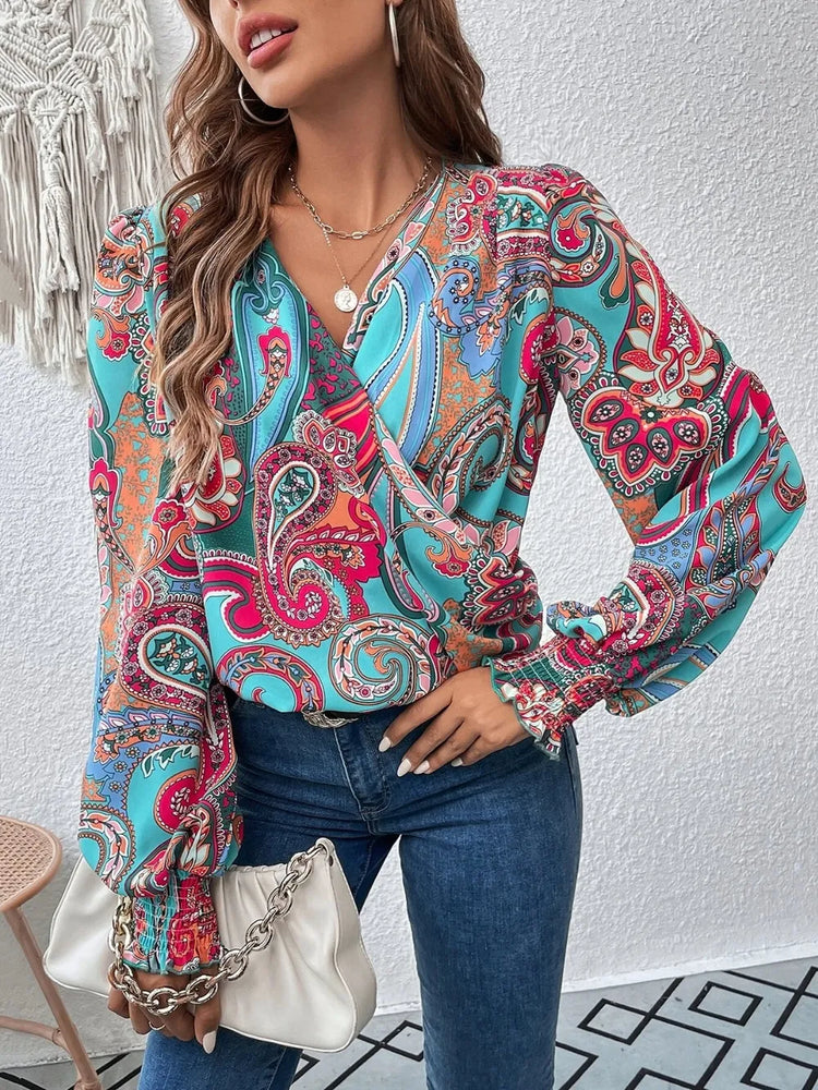 Printed Surplice Smocked Lantern Sleeve Blouse - Byyde