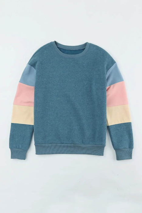 Color Block Round Neck Long Sleeve Sweatshirt - Byyde