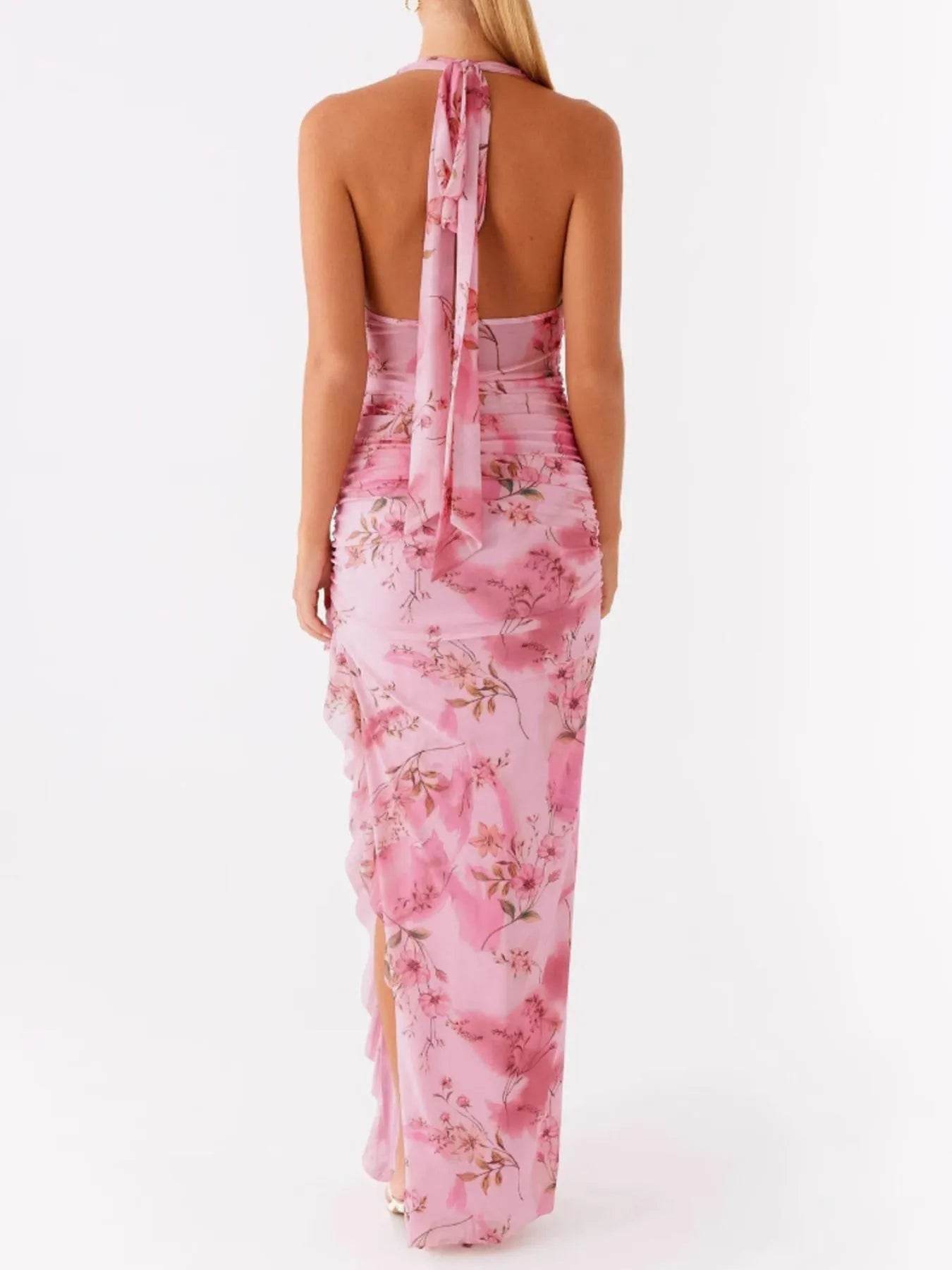 Ruffled Floral Print Halter Neck Cami Dress - Byyde
