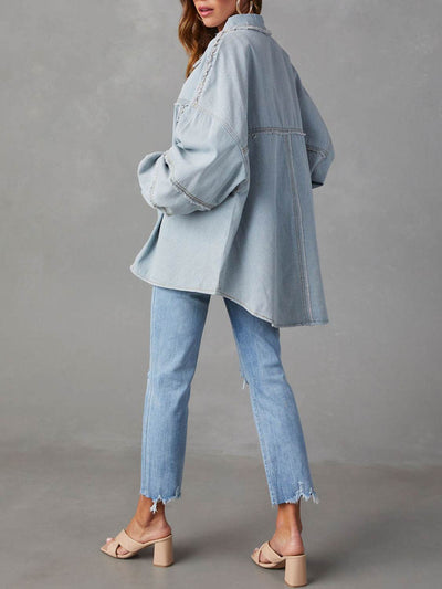 Button Down Raw Hem Denim Jacket - Byyde