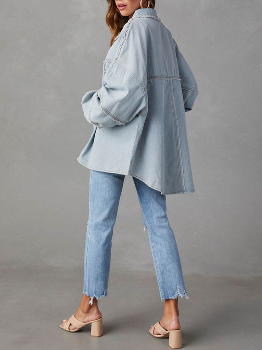 Button Down Raw Hem Denim Jacket - Byyde