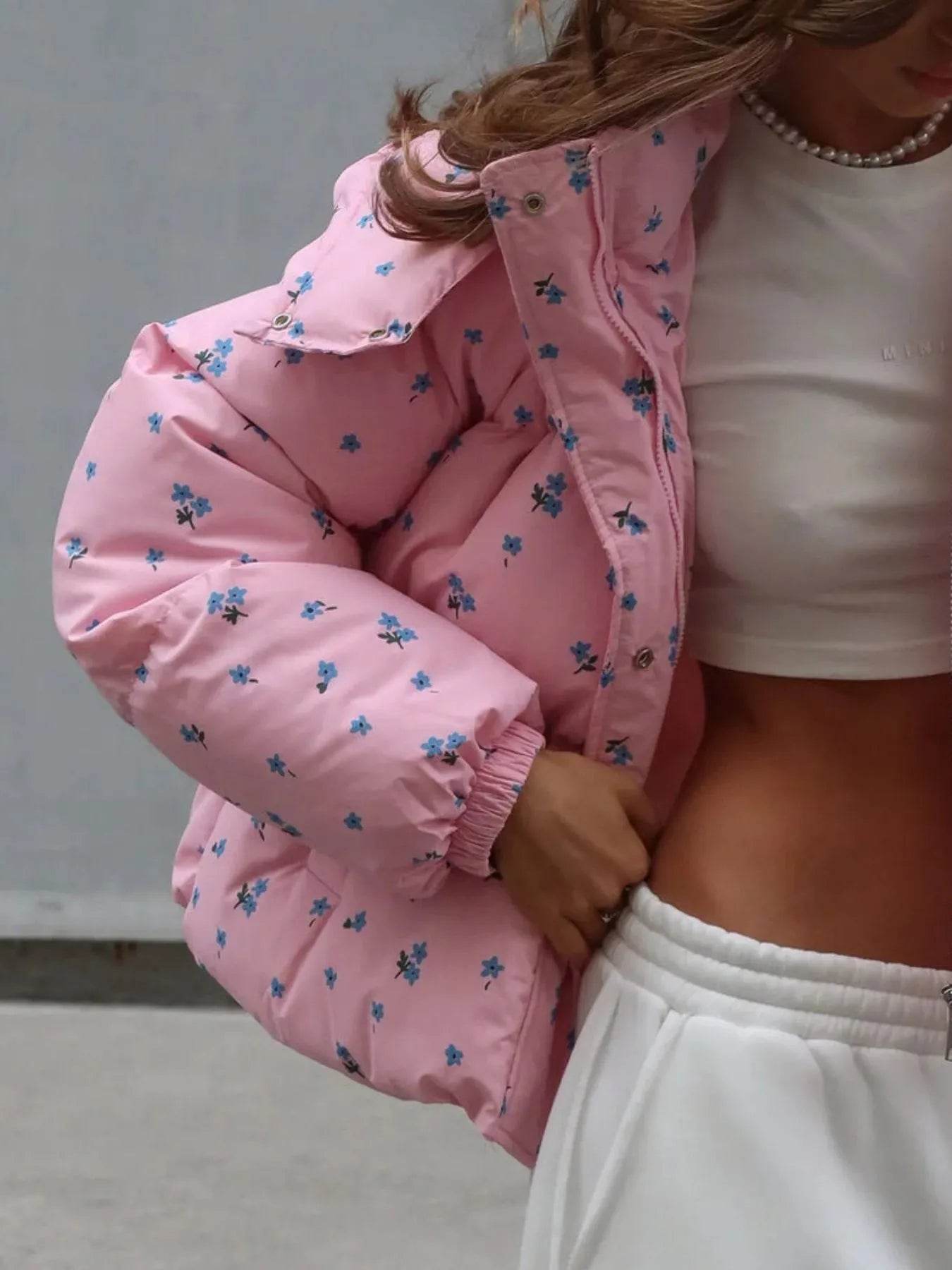 Floral Print Puffer Jacket with Hood - Byyde