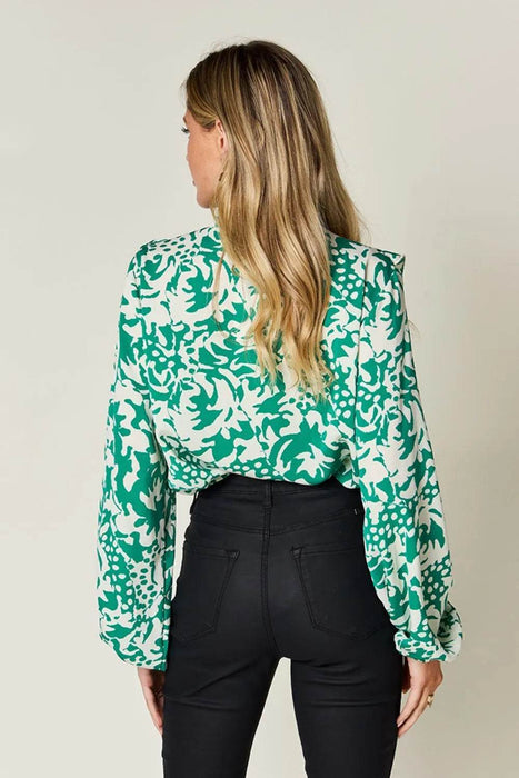 Double Take Full Size Printed Ruffle Trim Balloon Sleeve Shirt - Byyde