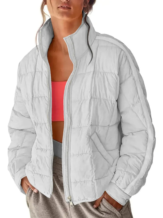 Pocketed Plaid Quilted Zip Up Winter Coat - Byyde