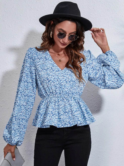 Floral V-Neck Balloon Sleeve Peplum Blouse - Byyde