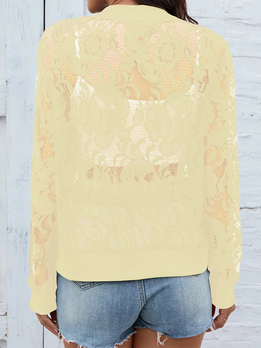 Sheer Lace Zip Up Long Sleeve Jacket - Byyde