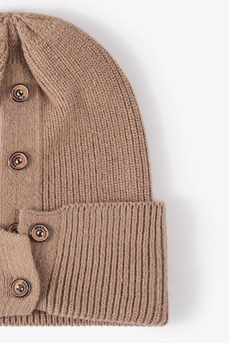 Button Detail Rib-Knit Cuff Beanie - Byyde