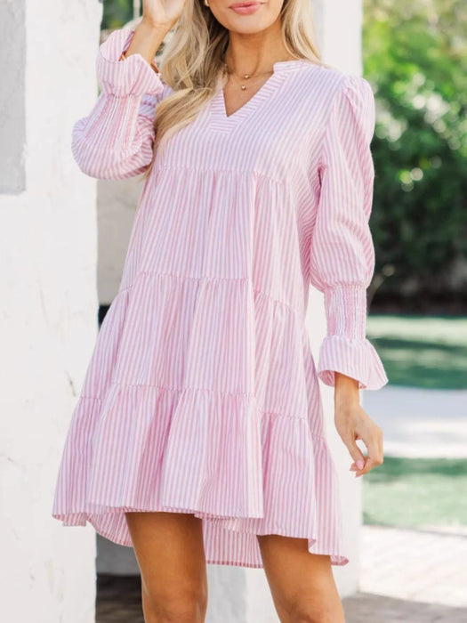 Striped Tiered Flounce Sleeve Shirt Dress - Byyde