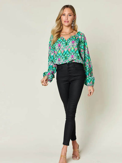 Double Take Full Size Printed Balloon Sleeve Blouse - Byyde