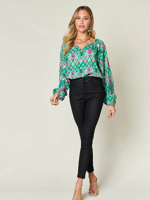 Double Take Full Size Printed Balloon Sleeve Blouse - Byyde