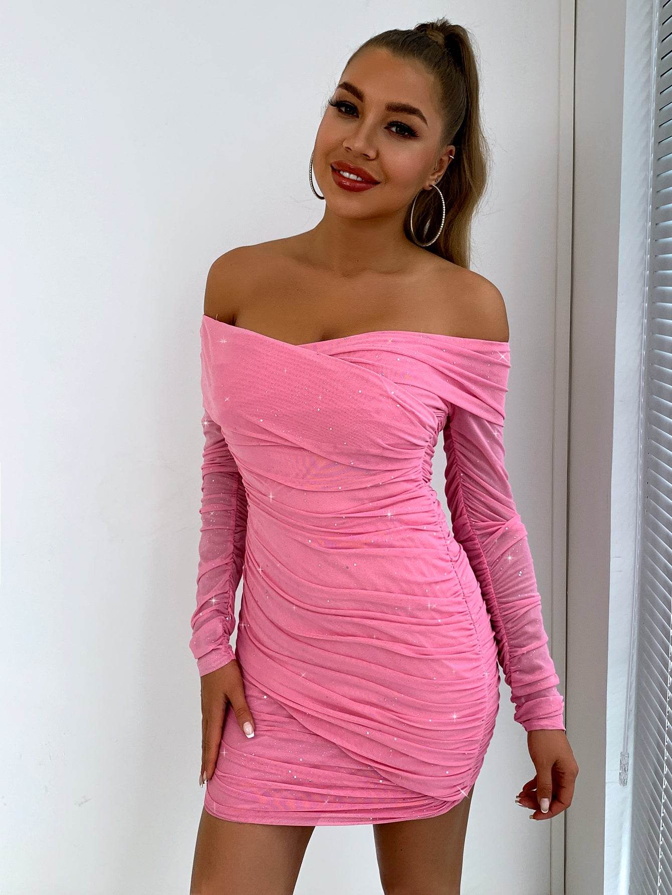 Glitter Ruched Off-Shoulder Long Sleeve Bodycon Dress - Byyde