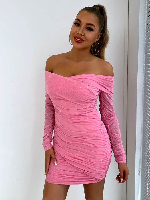Glitter Ruched Off-Shoulder Long Sleeve Bodycon Dress - Byyde