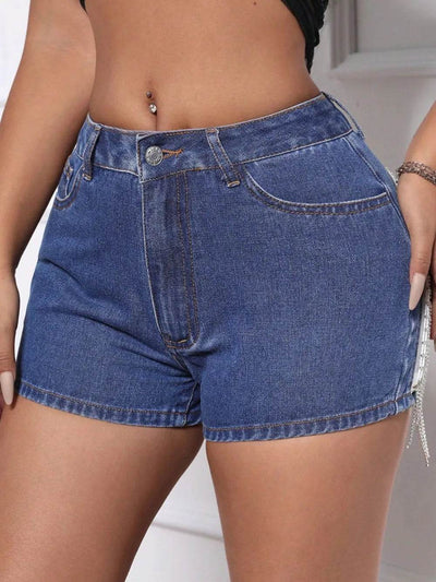 Fringe Back Denim Shorts with Pockets - Byyde