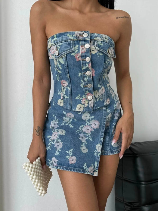 Floral Print Strapless Top and Skort Denim Set - Byyde