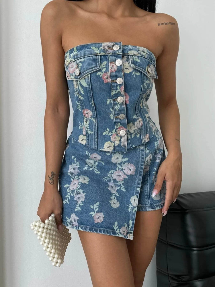Floral Print Strapless Top and Skort Denim Set - Byyde
