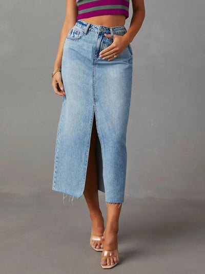 Raw Hem Front Slit Denim Midi Skirt - Byyde