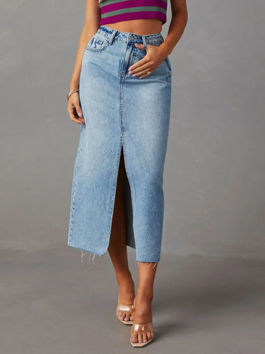 Raw Hem Front Slit Denim Midi Skirt - Byyde