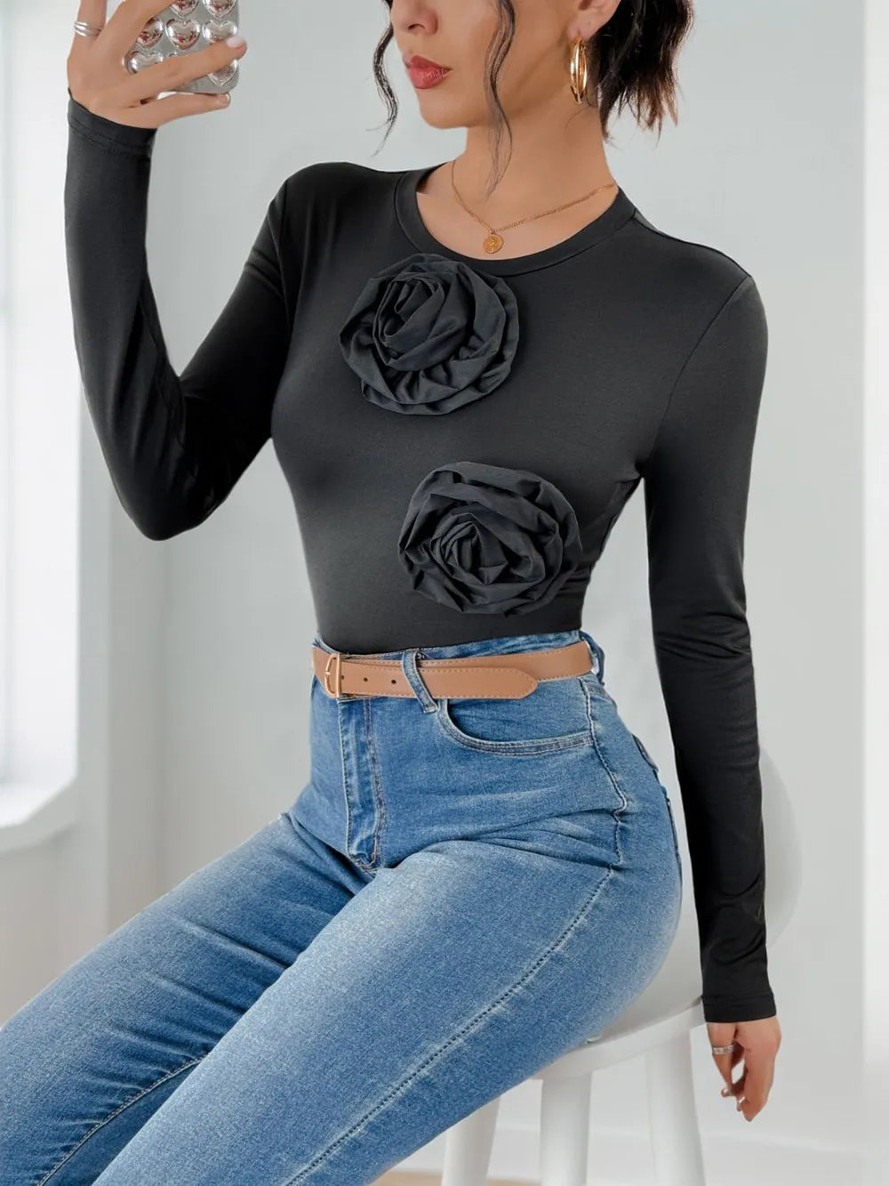 Perfee Flower Round Neck Long Sleeve Bodysuit - Byyde