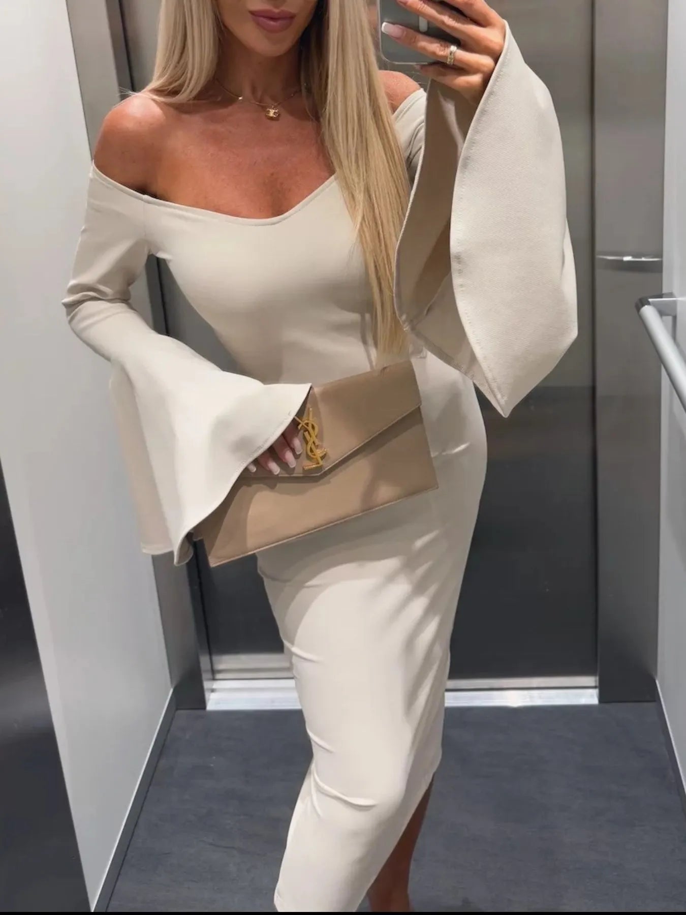 Off Shoulder Bell Sleeve Bodycon Midi Dress - Byyde
