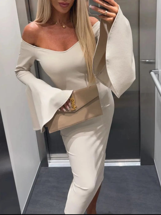 Off Shoulder Bell Sleeve Bodycon Midi Dress - Byyde
