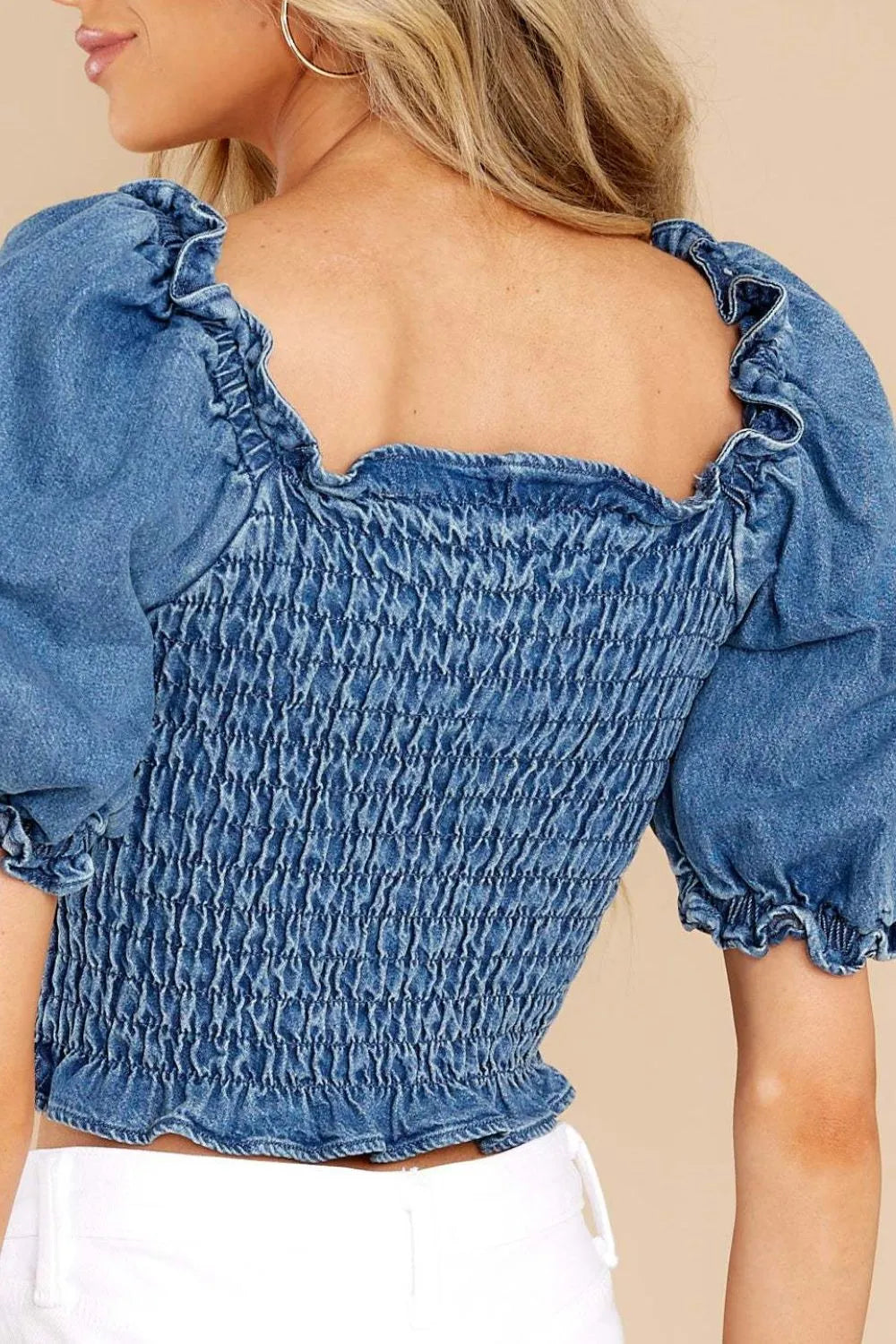 Puff Sleeve Smocked Cropped Denim Top - Byyde