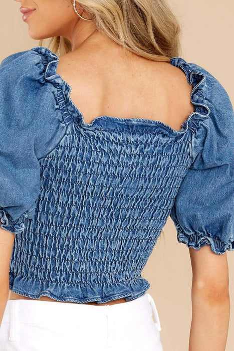 Puff Sleeve Smocked Cropped Denim Top - Byyde