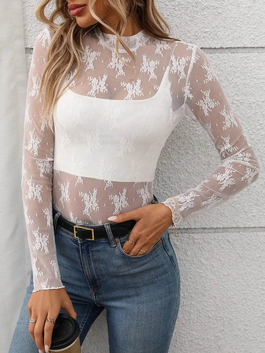 Floral Mock Neck Long Sleeve Mesh Top - Byyde