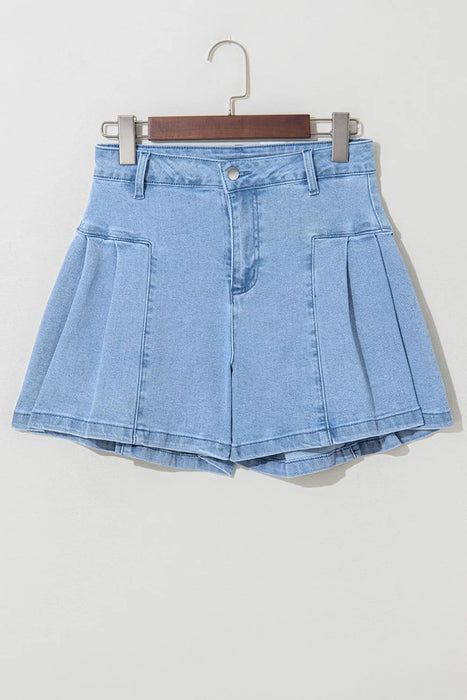 Pleated Patchwork Panel Lightweight Denim Shorts - Byyde