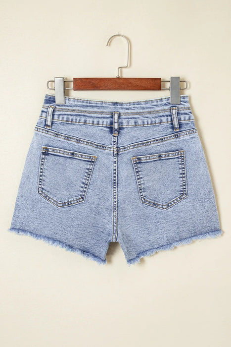Rhinestone Light Wash Raw Hem High Waist Denim Shorts - Byyde