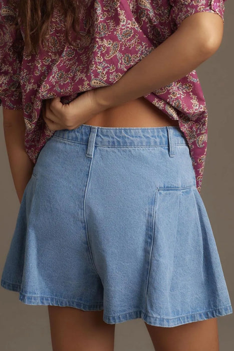 Pleated Patchwork Panel Lightweight Denim Shorts - Byyde
