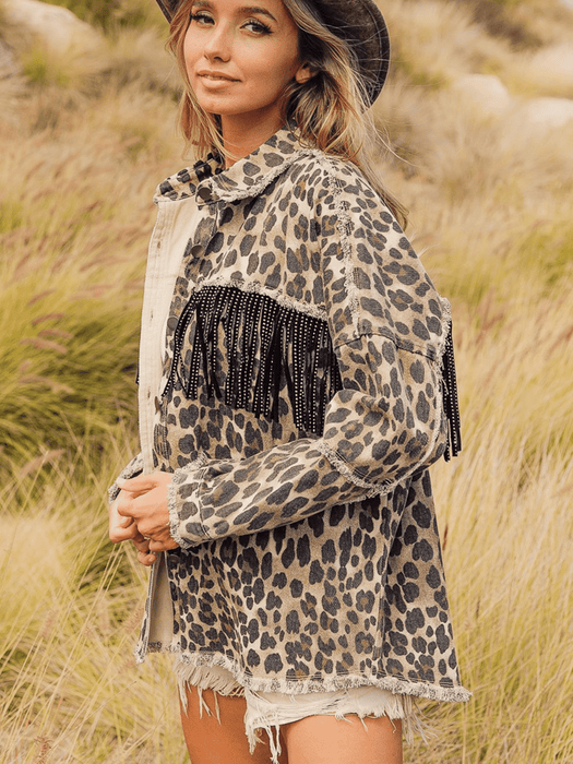Leopard Fringe Detail Collared Neck Denim Jacket - Byyde